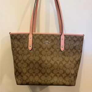 Coach Brown Signature Tote with Pink Trim